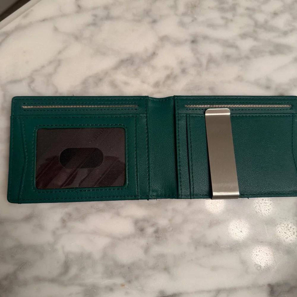 Runbox Mens Carbon Fiber Bifold Wallet with Money Clip Black Teal Green Slim EDC